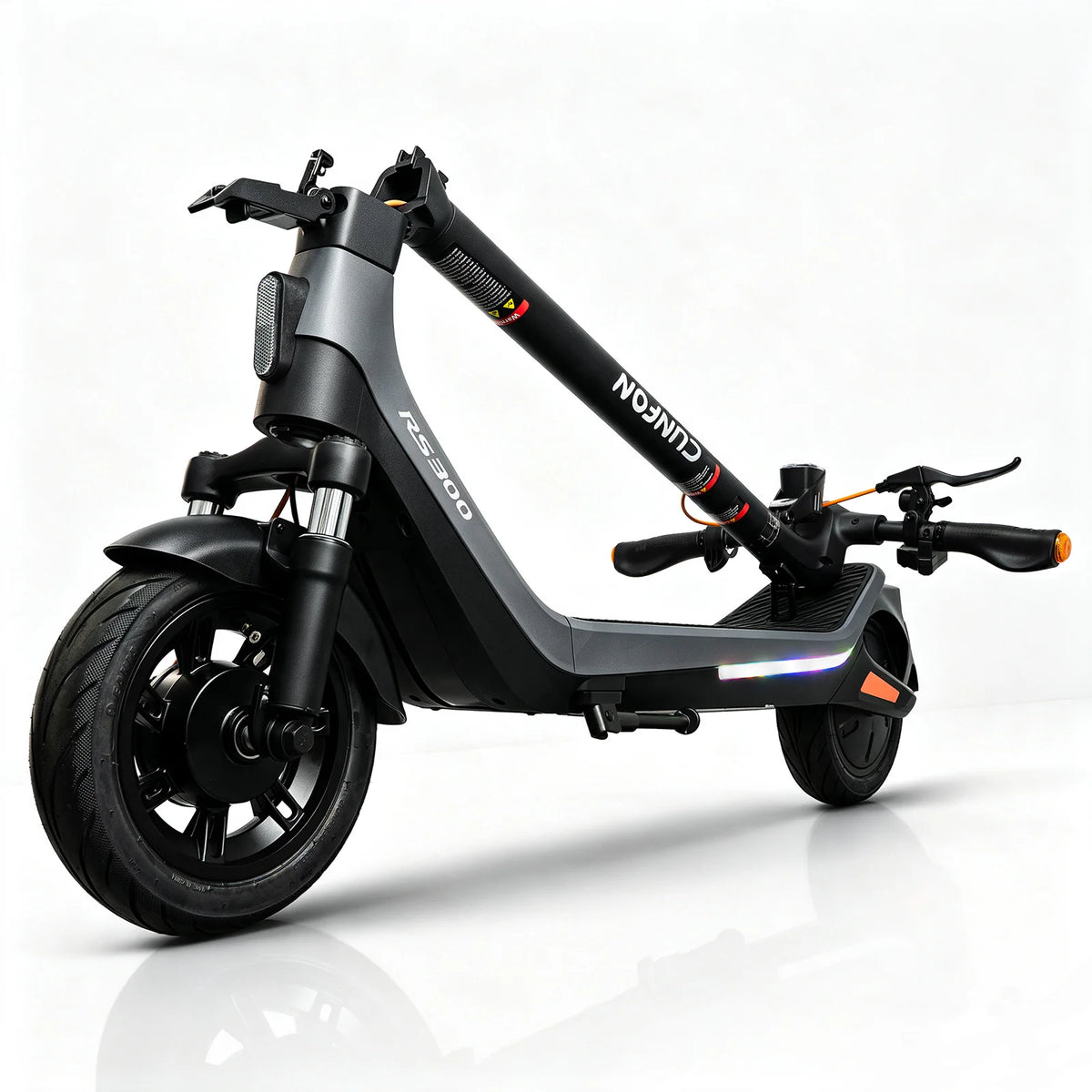 CUNFON RS300 Pro electric scooter in a front three-quarter view, featuring front suspension, 10-inch pneumatic tyres and a foldable commuter design.