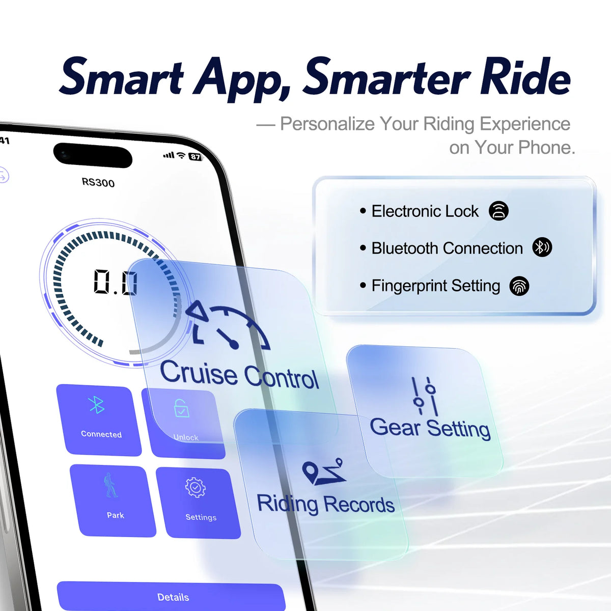 CUNFON RS300 Pro smart app interface showing electronic lock, Bluetooth connection, fingerprint setting, cruise control, gear setting and riding records.
