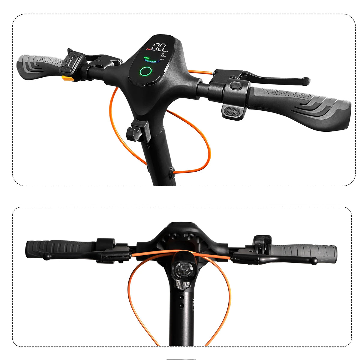 CUNFON RZ1000 electric scooter handlebar assembly shown from two angles, featuring the central LED dashboard, brake levers, controls, grips and front headlight.#model_rz1000