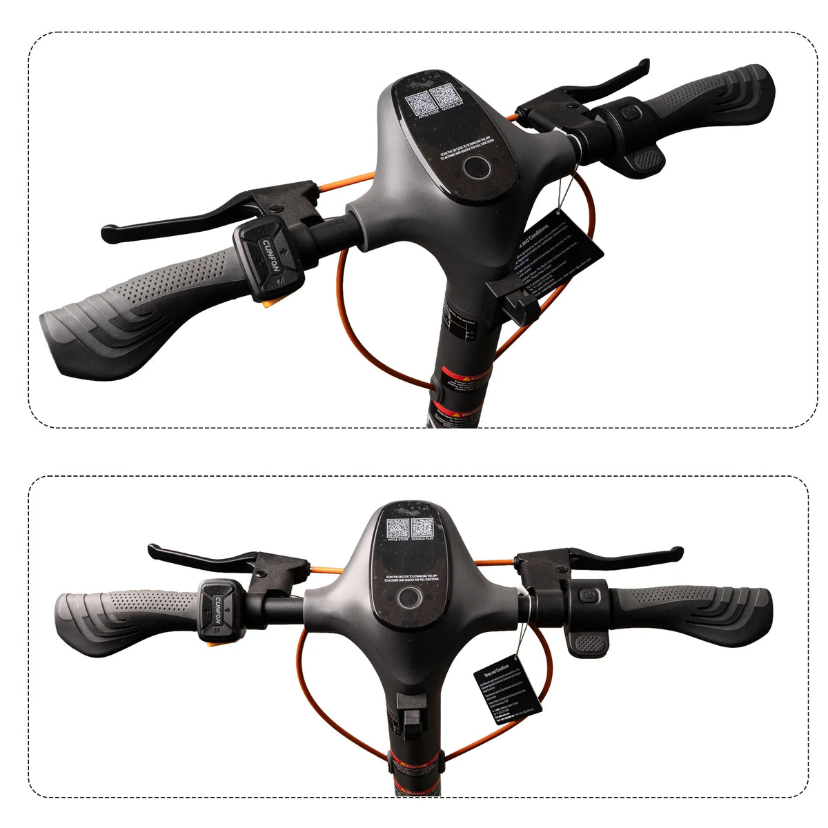 CUNFON RZ800 electric scooter handlebar assembly shown from two angles, featuring the central dashboard, brake levers, control buttons, ergonomic grips and orange cable routing.#model_rz800