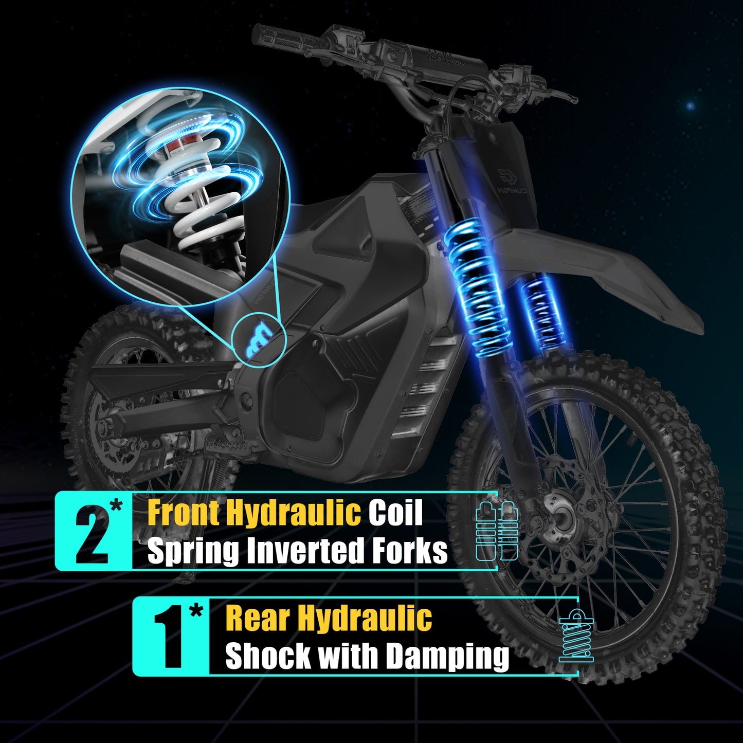 Detail of the full suspension system on the Cunfon M200, featuring front hydraulic inverted forks and a rear hydraulic shock with damping.