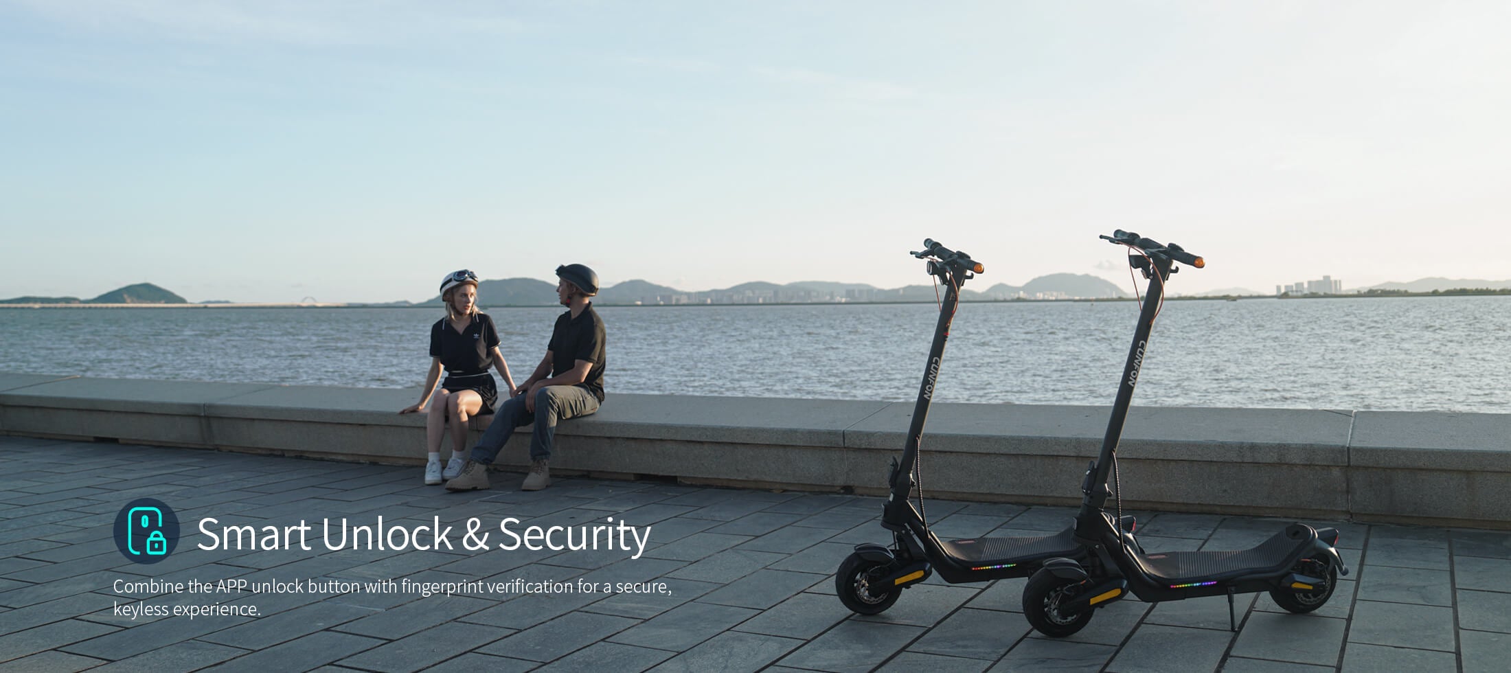 Two CUNFON electric scooters parked by a waterfront promenade with a couple seated in the background, highlighting keyless smart unlock and fingerprint security via the app.