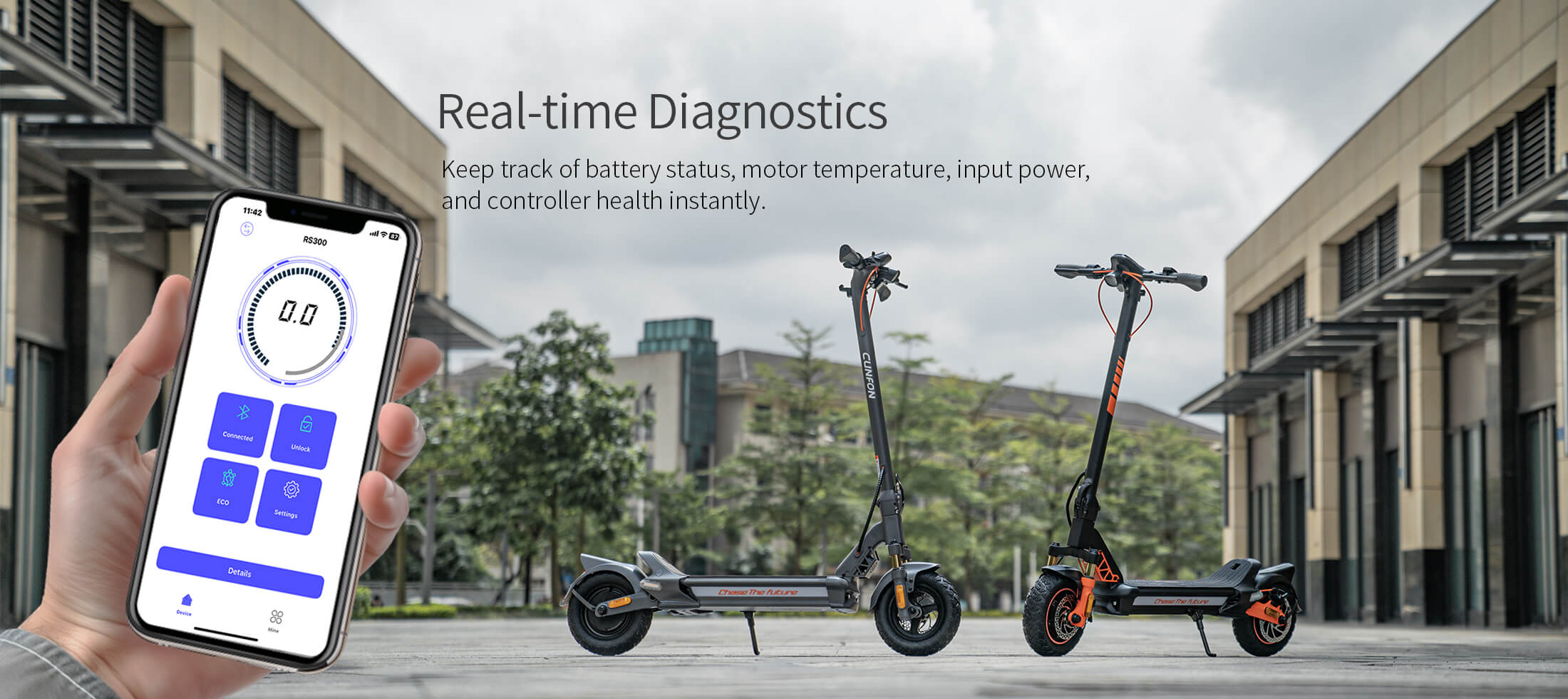 CUNFON e-scooter app dashboard showing real-time diagnostics for battery status, motor temperature, and controller health, with two scooters parked outdoors.