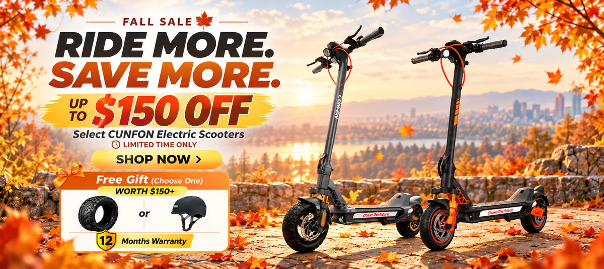 Cunfon Fall Sale desktop banner showing RZ800 and RZ1000 electric scooters with up to $150 off, free gift, and 12-month warranty.
