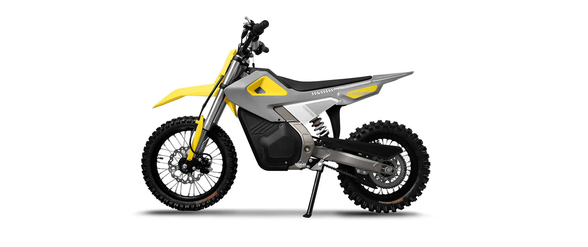 CUNFON M200 electric dirt bike on white background, featuring 48V 23.5Ah removable battery, hydraulic disc brakes, full suspension system, and IPX7 waterproof rating for off-road performance.
