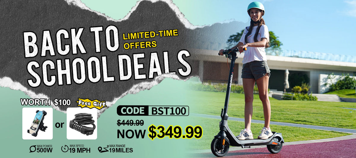 CUNFON RS300 electric scooter back to school sale desktop banner with limited-time offer code BST100 and free gift promo.