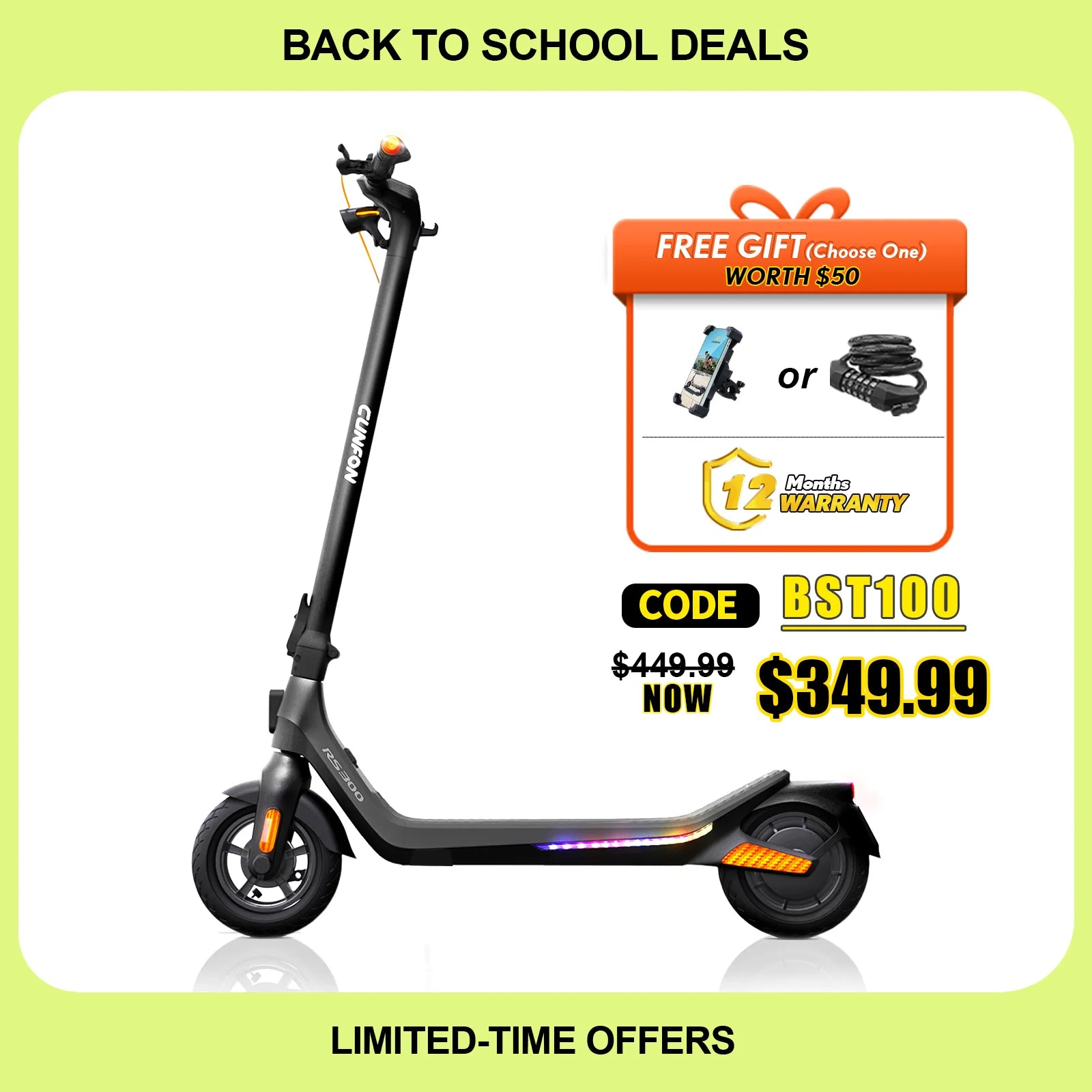 CUNFON RS300 electric scooter back to school deal with free gift choice of phone holder or cable lock.