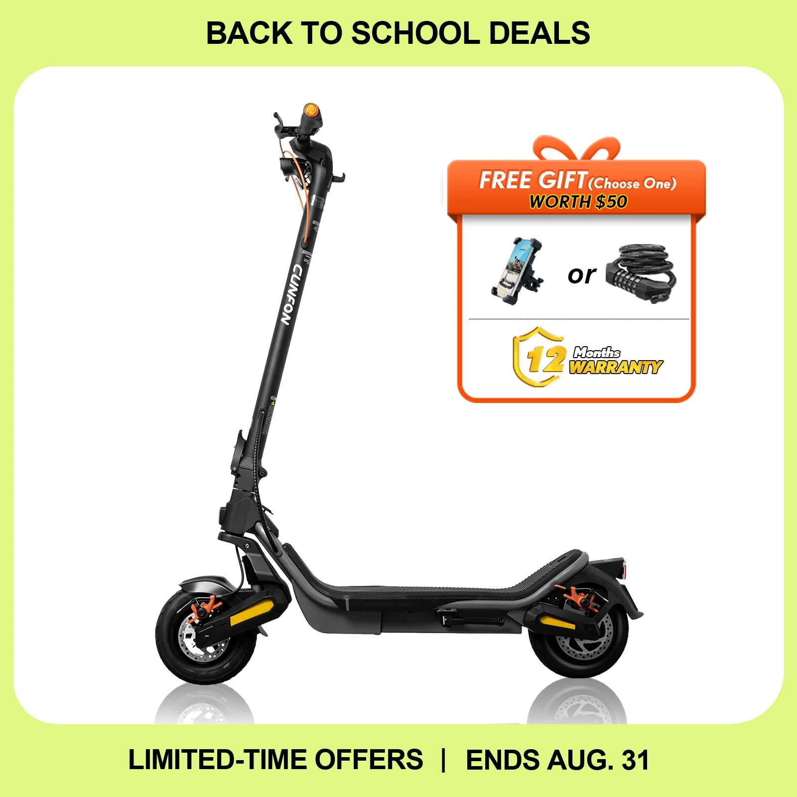 CUNFON RS500 electric scooter back to school deal with free gift options worth over 50 dollars.