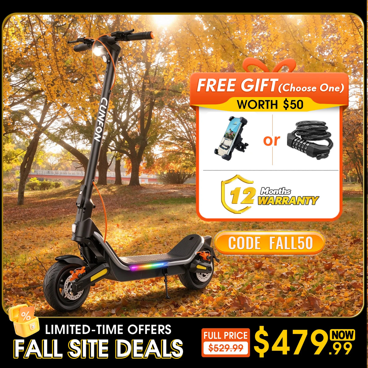 Cunfon RS500 electric scooter Fall Sale promotion featuring a free phone mount or lock, FALL50 discount code, and 12-month warranty.