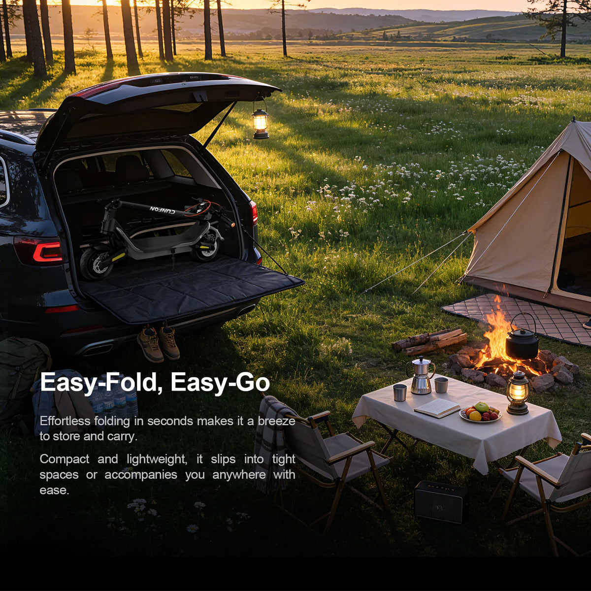 Easy-fold and portable Cunfon RS500 electric scooter folded in the trunk of a car, perfect for camping and outdoor trips.
