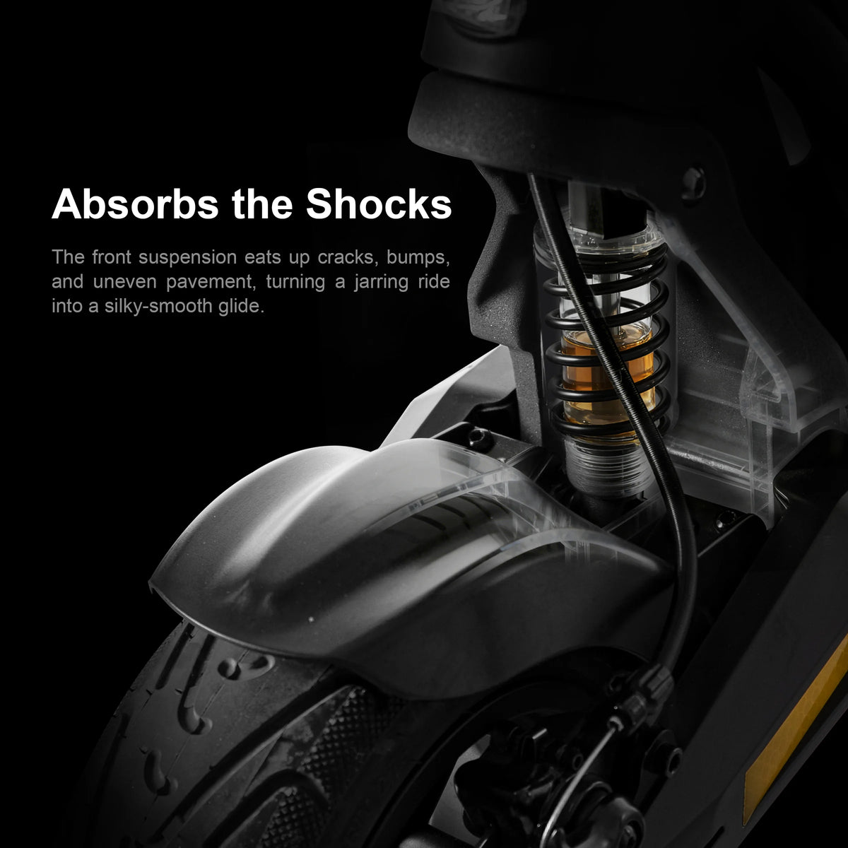 Cunfon RS500 front suspension shock absorber with spring absorbing impacts on uneven pavement for a smooth ride.