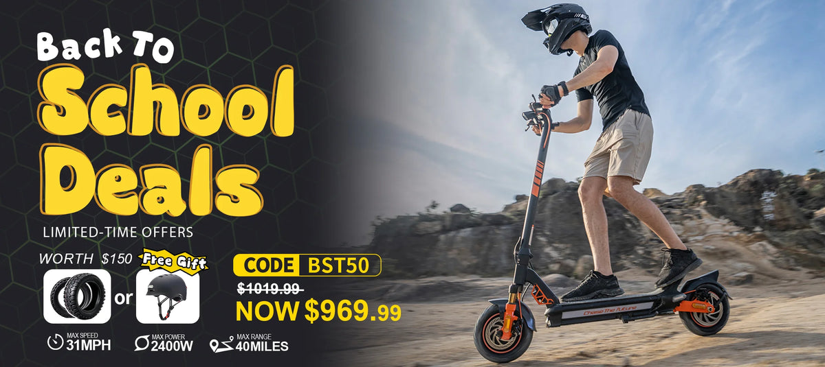 CUNFON RZ1000 electric scooter back to school sale desktop banner displaying 2400W performance scooter with discount code BST50.