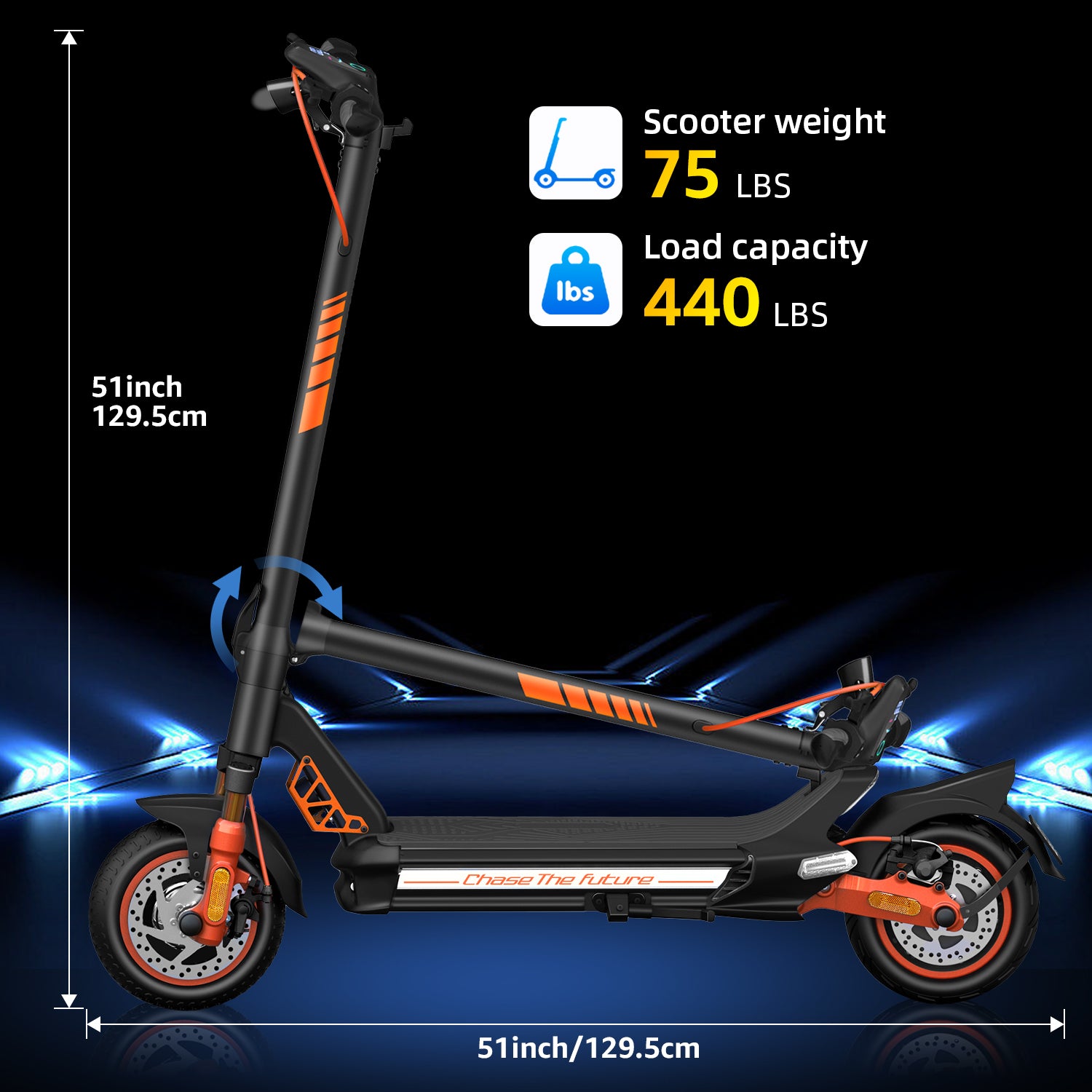 CUNFON RZ1000 Specifications - 75lbs Scooter Weight, 399lbs Load Capacity, 51-inch Length
