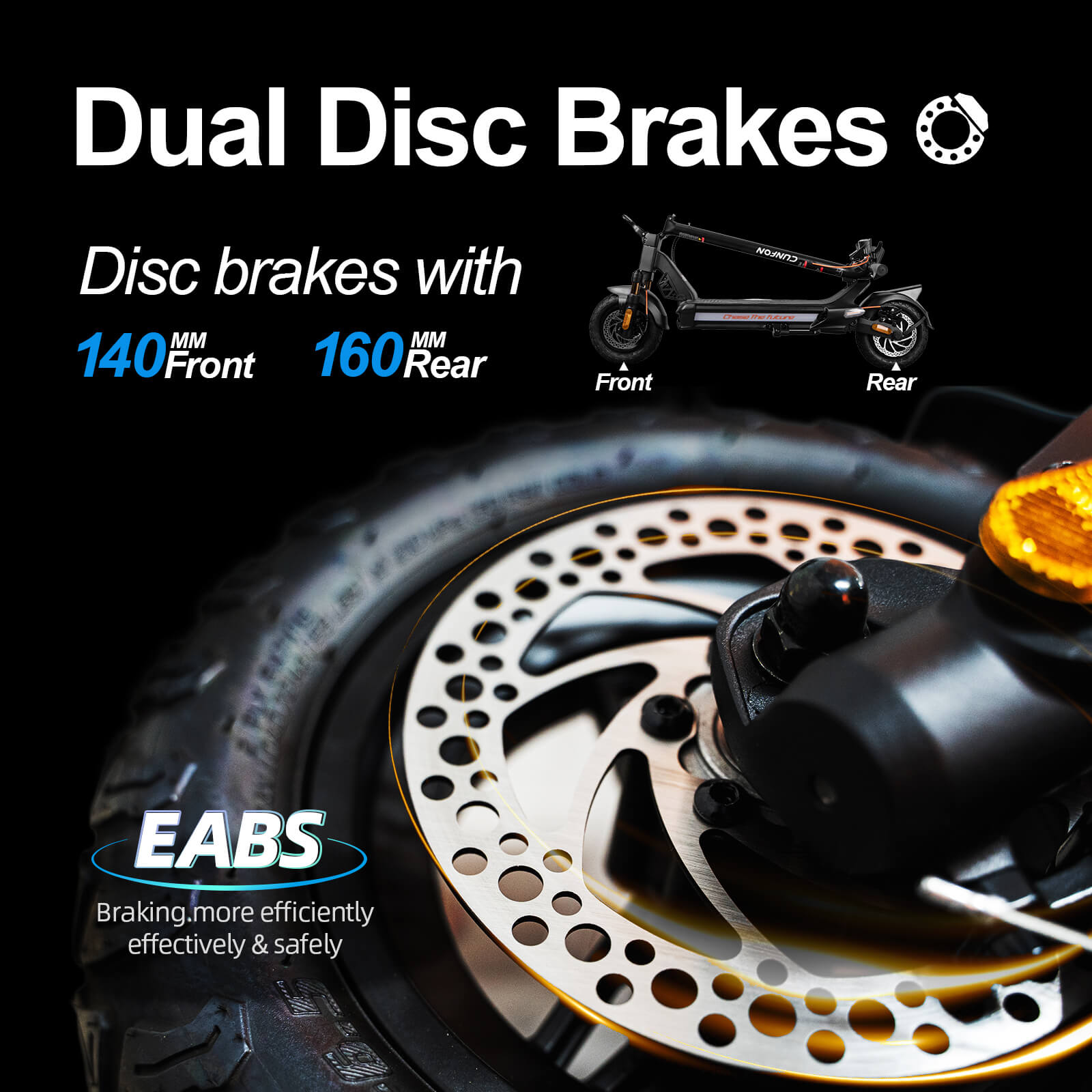 Cunfon RZ600 dual mechanical disc brakes with 140mm front and 160mm rear rotors plus EABS