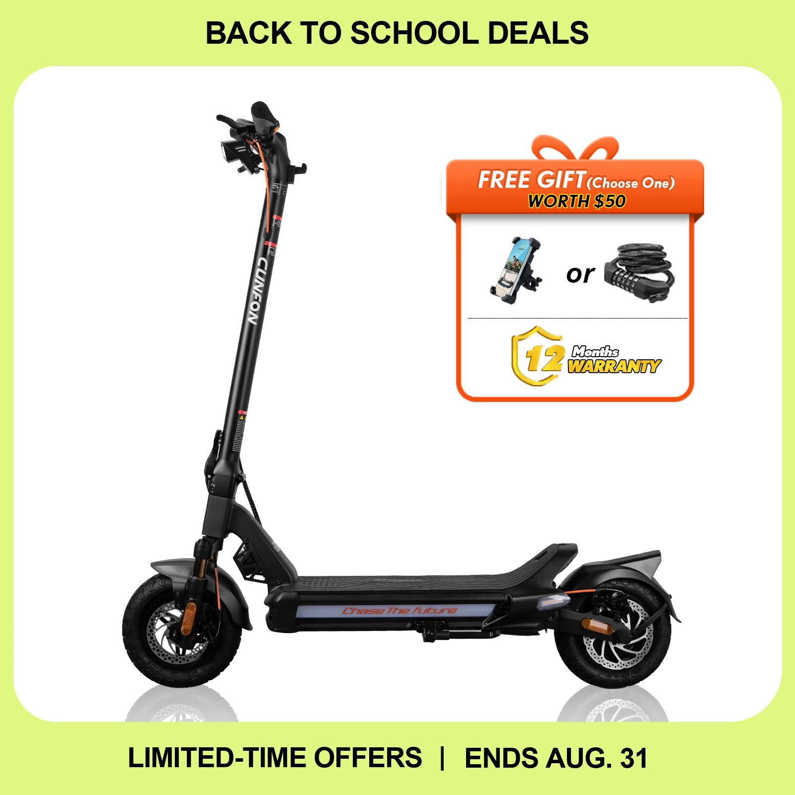 CUNFON RZ600 electric scooter back to school deal featuring 12 months warranty and free gift option.