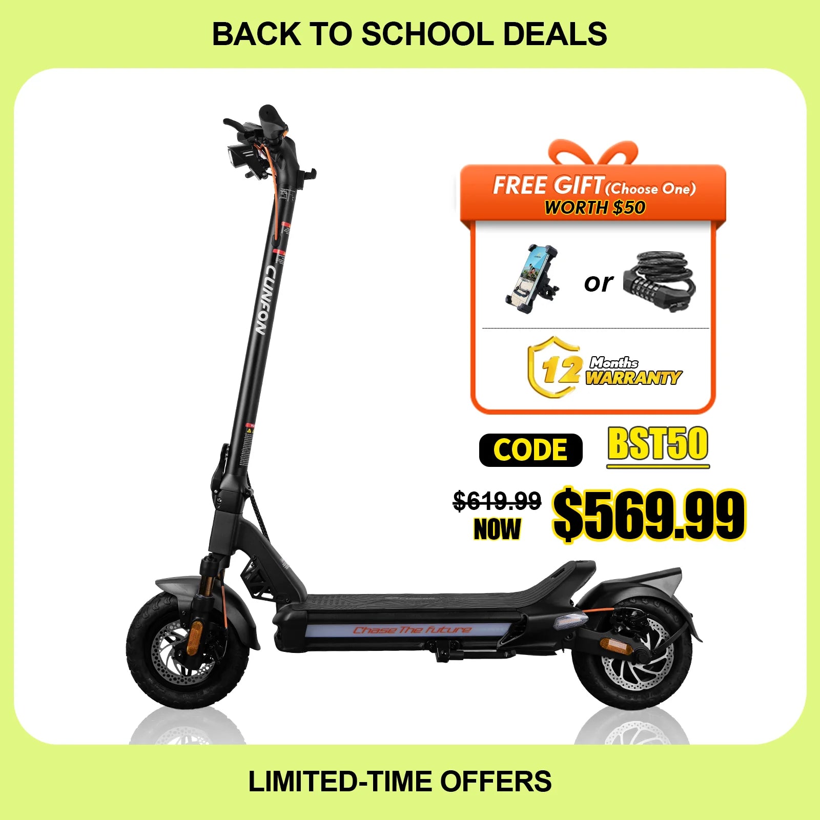 CUNFON RZ600 electric scooter back to school deal featuring 12 months warranty and free gift option.