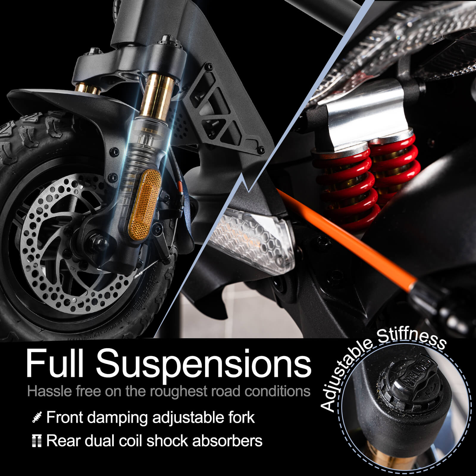 Cunfon RZ600 full suspension system featuring front damping adjustable fork and rear dual coil shocks