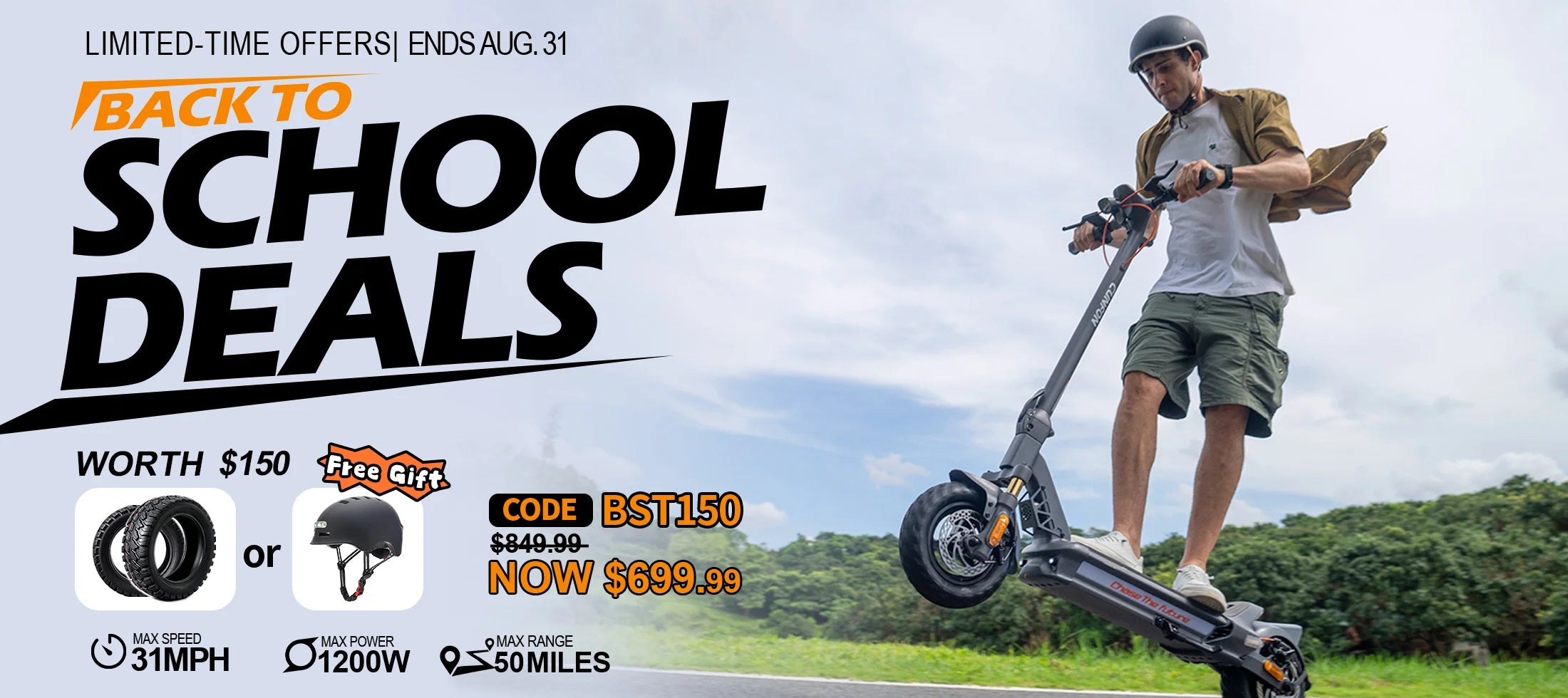 CUNFON RZ800 electric scooter back to school sale desktop banner featuring 1200W electric scooter with discount code BST150 and free gift option.