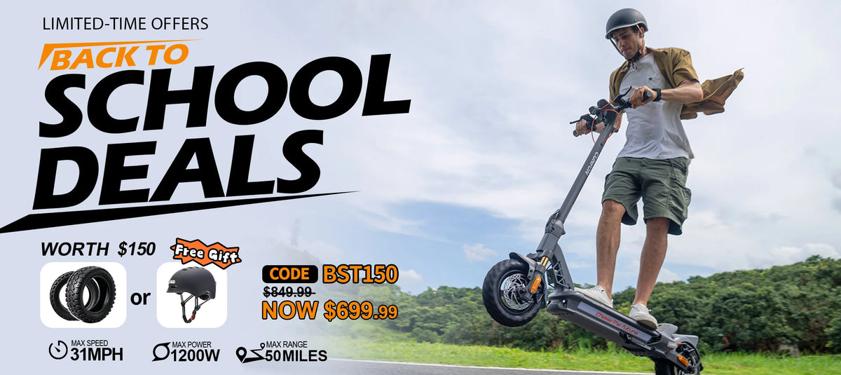 CUNFON RZ800 electric scooter back to school sale desktop banner featuring 1200W electric scooter with discount code BST150 and free gift option.