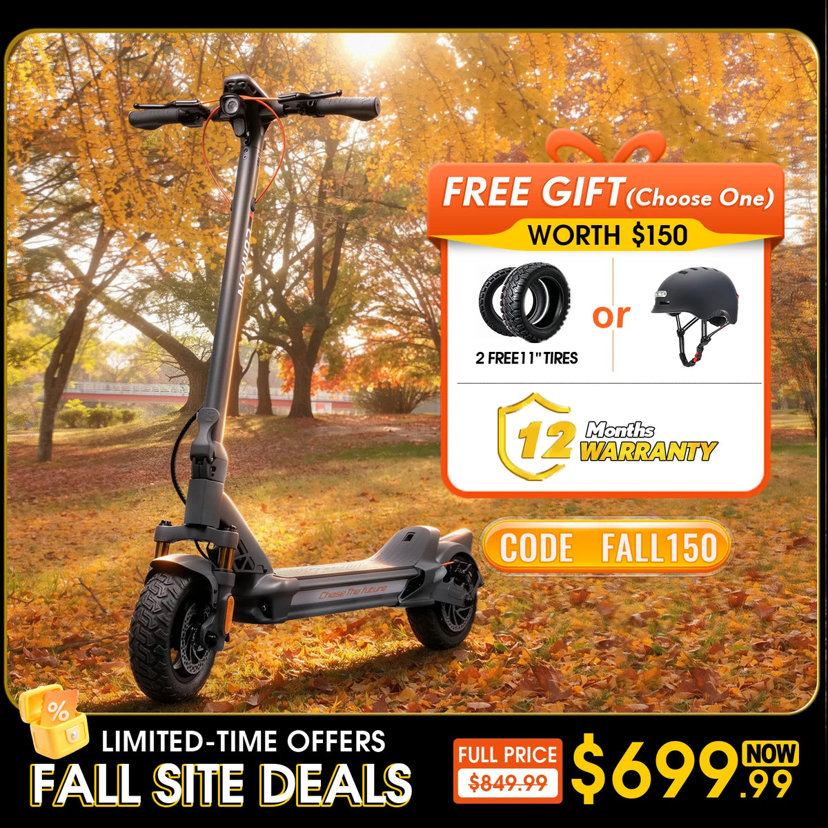 Cunfon RZ800 Fall Sale electric scooter with free tire or helmet, FALL150 promo code, and 12-month warranty.