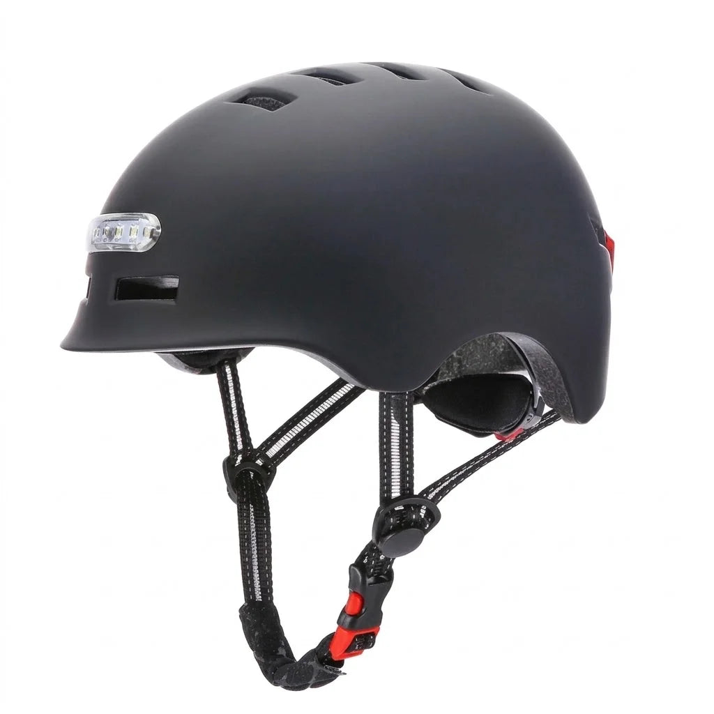 Matte black riding helmet with front LED light, top vents, adjustable chin strap, and rear light.