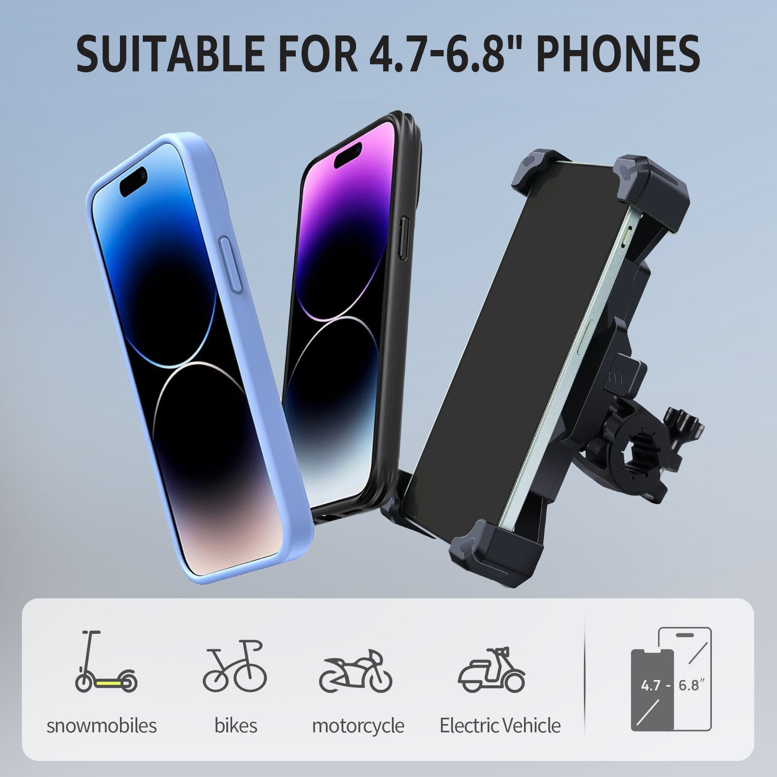 Support de téléphone – [Rotation réglable à 360°] [Verrouillage 1 s] Support de téléphone pour vélo, pince de guidon, clip de téléphone pour vélo, scooter, pour téléphones de 3,5 à 6,8" de large, noir