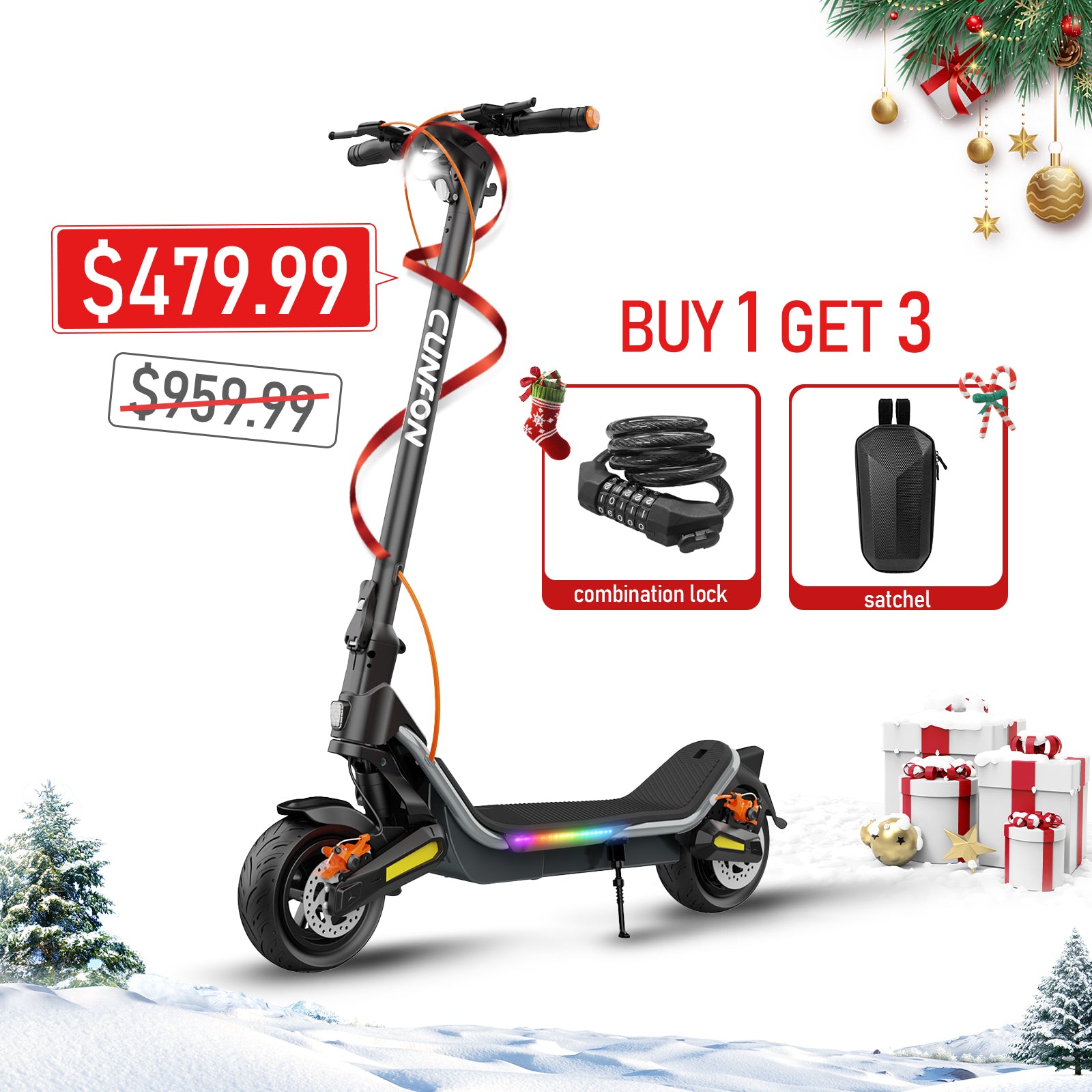 CUNFON RZ800 Electric Scooter - 1200W, 31MPH, 50-Mile Range, 400LB