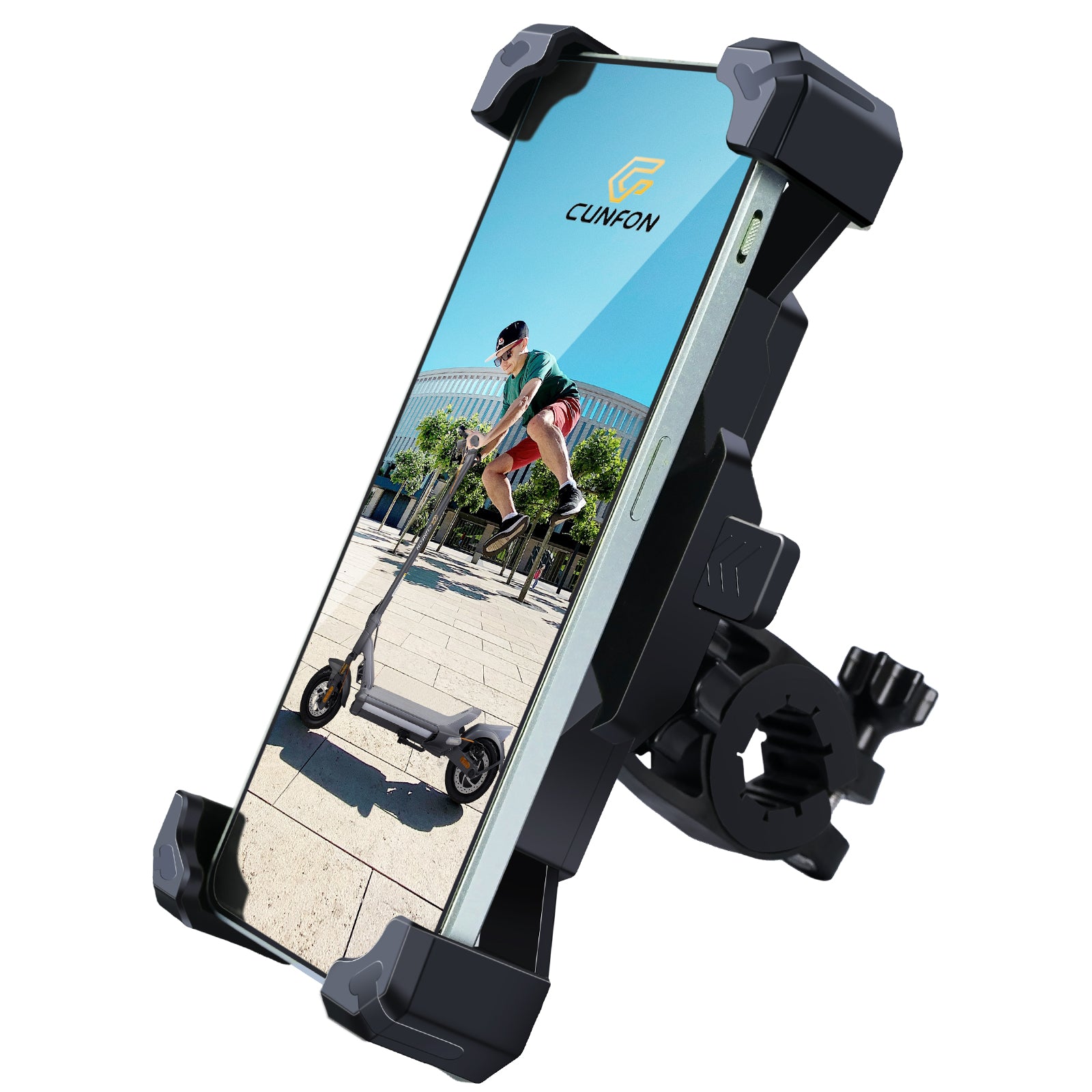 Support de téléphone – [Rotation réglable à 360°] [Verrouillage 1 s] Support de téléphone pour vélo, pince de guidon, clip de téléphone pour vélo, scooter, pour téléphones de 3,5 à 6,8" de large, noir