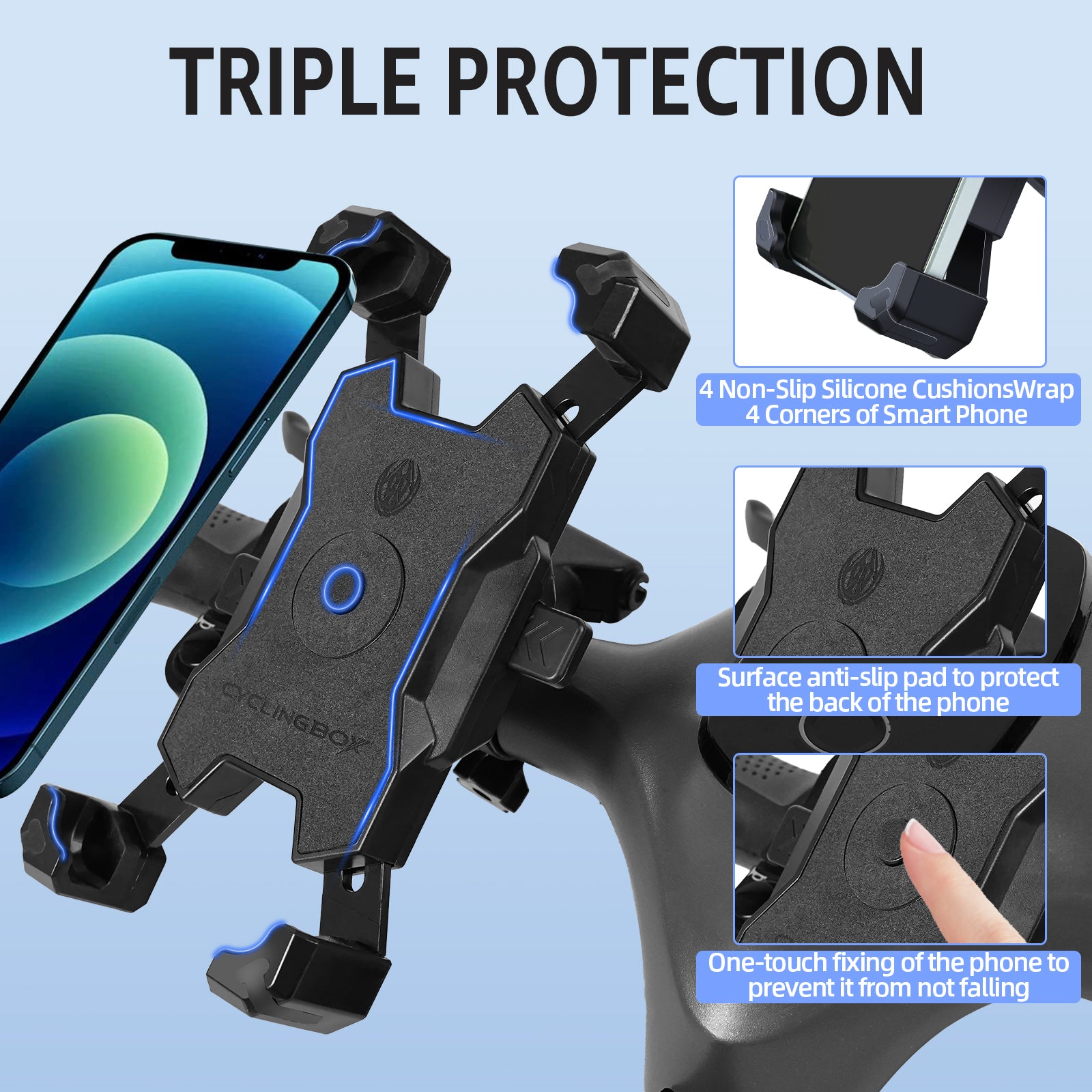 Support de téléphone – [Rotation réglable à 360°] [Verrouillage 1 s] Support de téléphone pour vélo, pince de guidon, clip de téléphone pour vélo, scooter, pour téléphones de 3,5 à 6,8" de large, noir