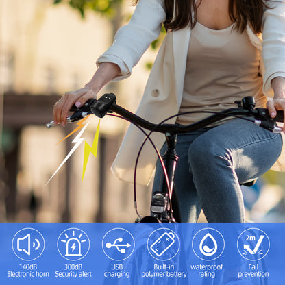 Klaxon de vélo électrique sonnette de vélo électronique forte 120-140 DB Modes sonores étanches IPX4 avec alarme antivol et chargement USB