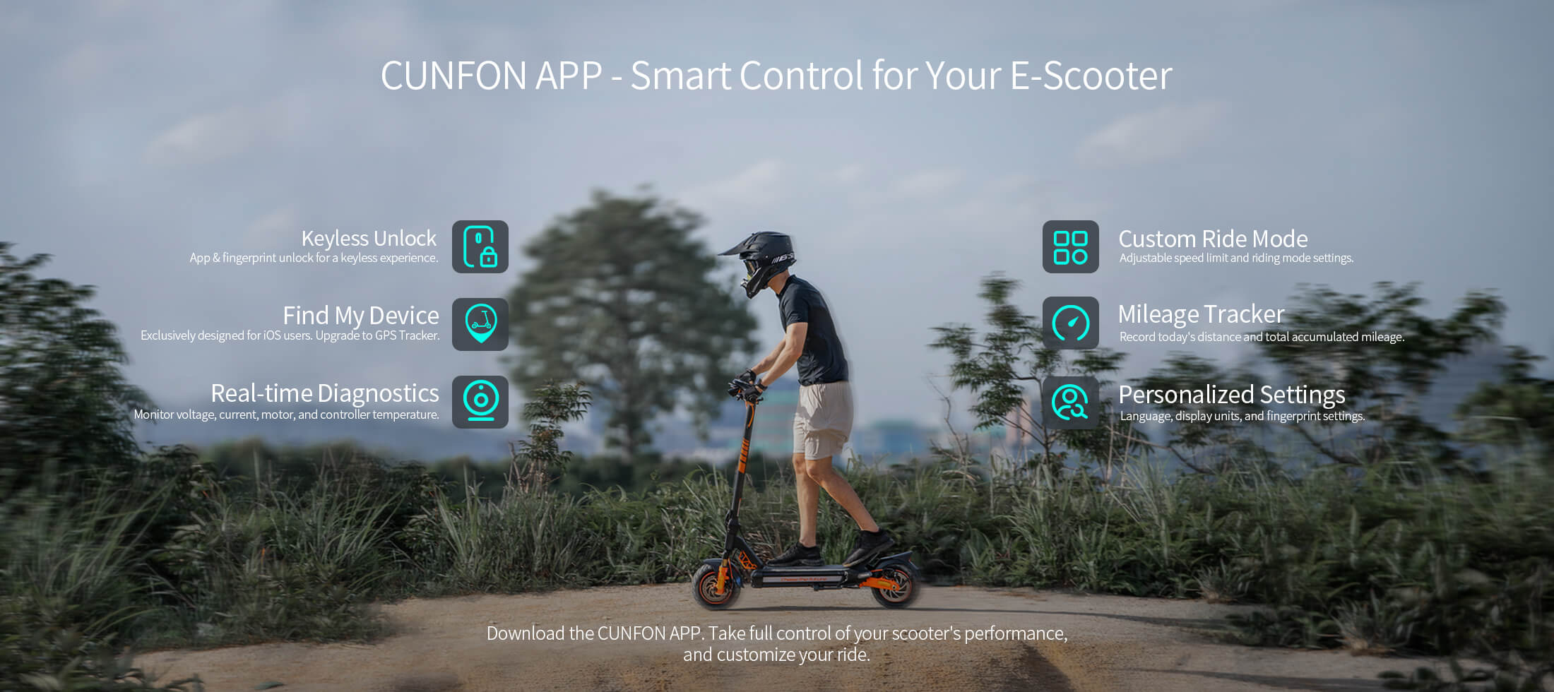 CUNFON smart electric scooter app interface showing features like keyless unlock, real-time diagnostics, custom ride modes, and mileage tracking with a rider on a dirt path.