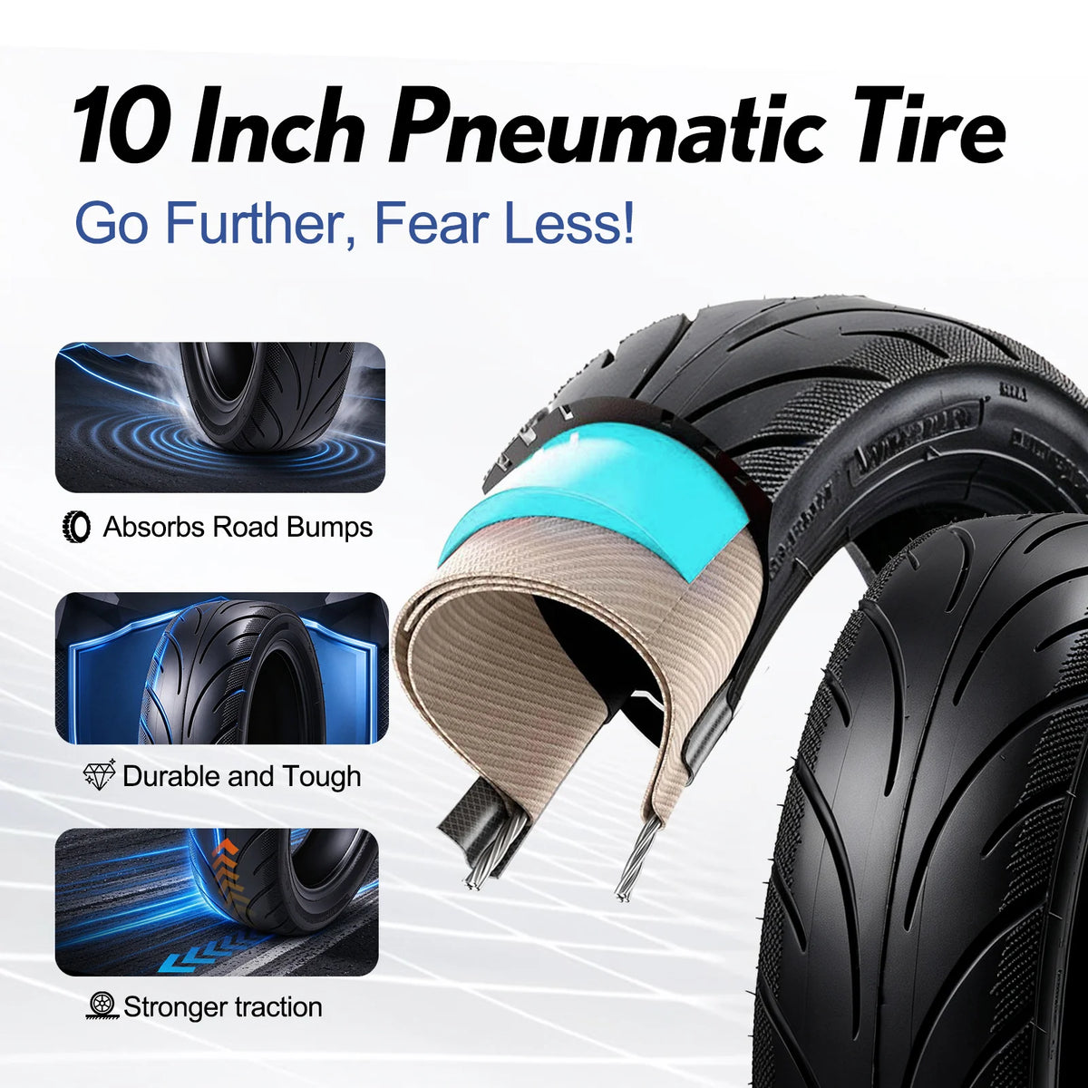 CUNFON RS300 Pro 10-inch pneumatic tyre construction highlighting shock absorption, durability and road traction.