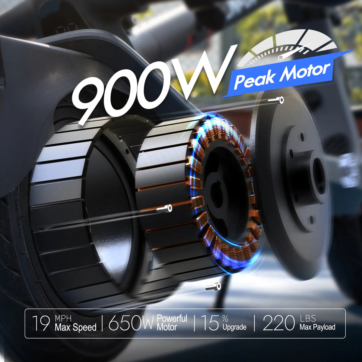 CUNFON RS300 Pro motor graphic highlighting 900W peak power, 19 mph maximum speed, 15% climbing capability and 220 lb maximum payload.