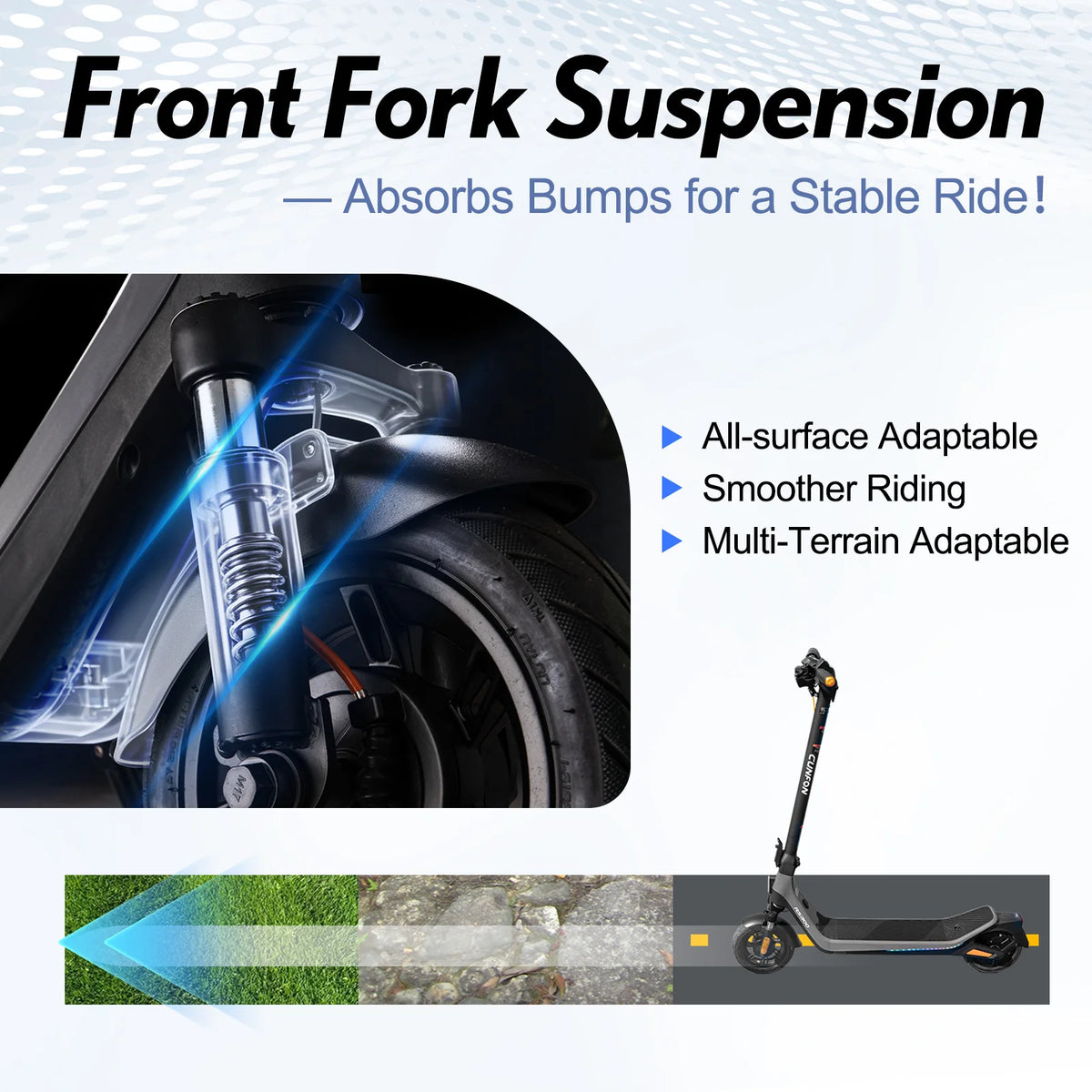 CUNFON RS300 Pro front fork suspension designed to absorb road bumps and provide a smoother, more stable ride on varied surfaces.