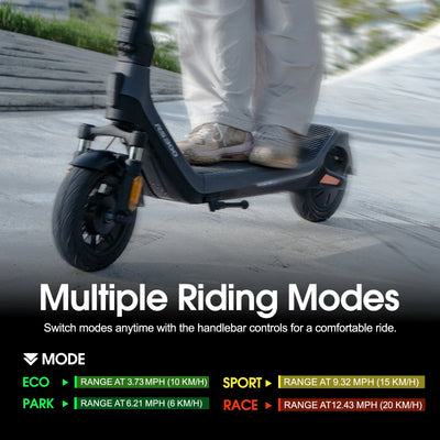 CUNFON RS300 Pro electric scooter showing Eco, Park, Sport and Race riding modes with handlebar controls for switching between modes.