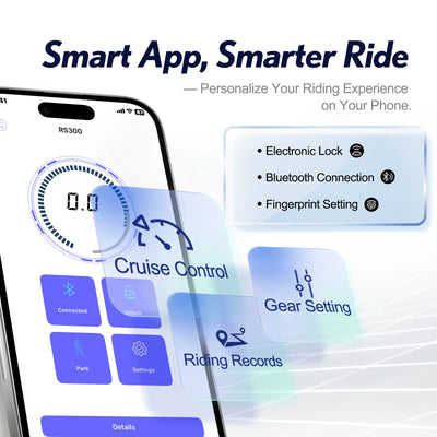CUNFON RS300 Pro smart app interface showing electronic lock, Bluetooth connection, fingerprint setting, cruise control, gear setting and riding records.