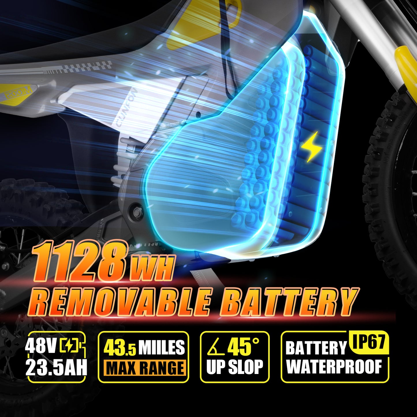 The 1128Wh removable battery of the Cunfon M200 electric dirt bike, featuring IP67 waterproof rating and 48V 23.5Ah capacity.