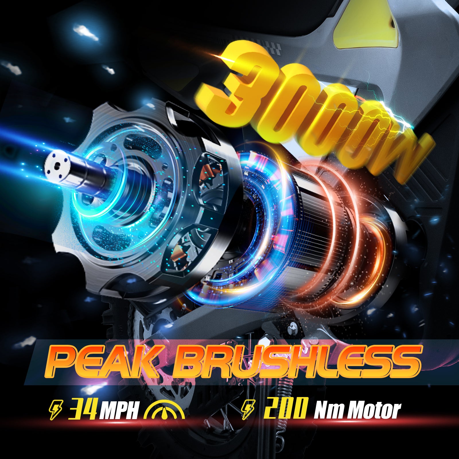 Close-up detail of the powerful 3000W peak brushless motor inside the Cunfon M200 electric dirt bike, capable of 200Nm torque.