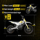 Chart with specifications for the Cunfon M200 electric dirt bike, showing max load 265LB, net weight 105LB, age 13+, and product dimensions.