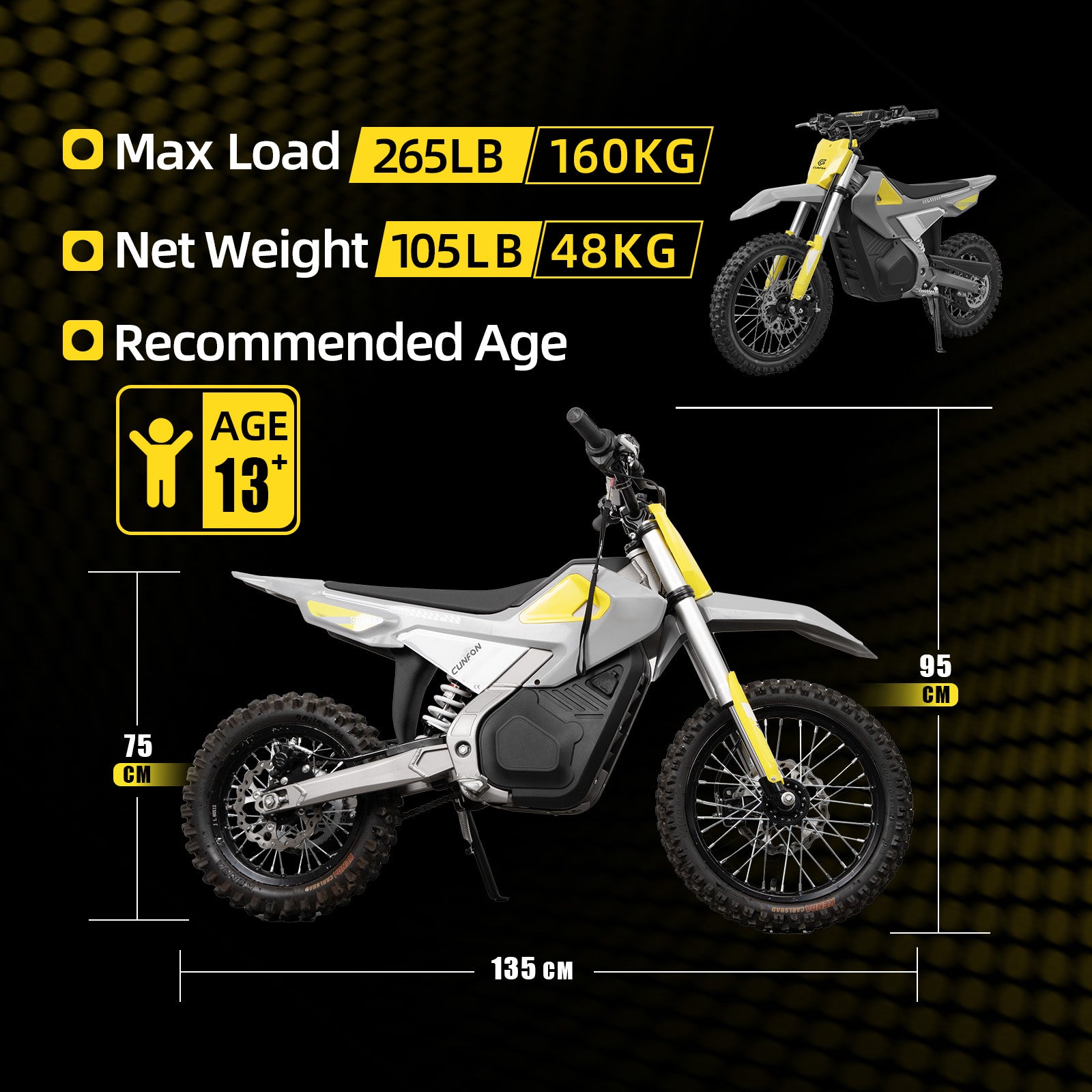 Chart with specifications for the Cunfon M200 electric dirt bike, showing max load 265LB, net weight 105LB, age 13+, and product dimensions.