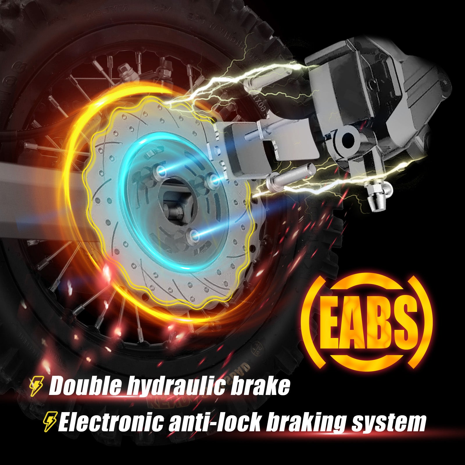 Detail of the EABS (Electronic Anti-lock Braking System) and double hydraulic disc brake on the Cunfon M200 rear wheel.