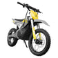 Front view of the Cunfon M200 electric dirt bike, showing yellow fender, black handlebars, and robust front tire.