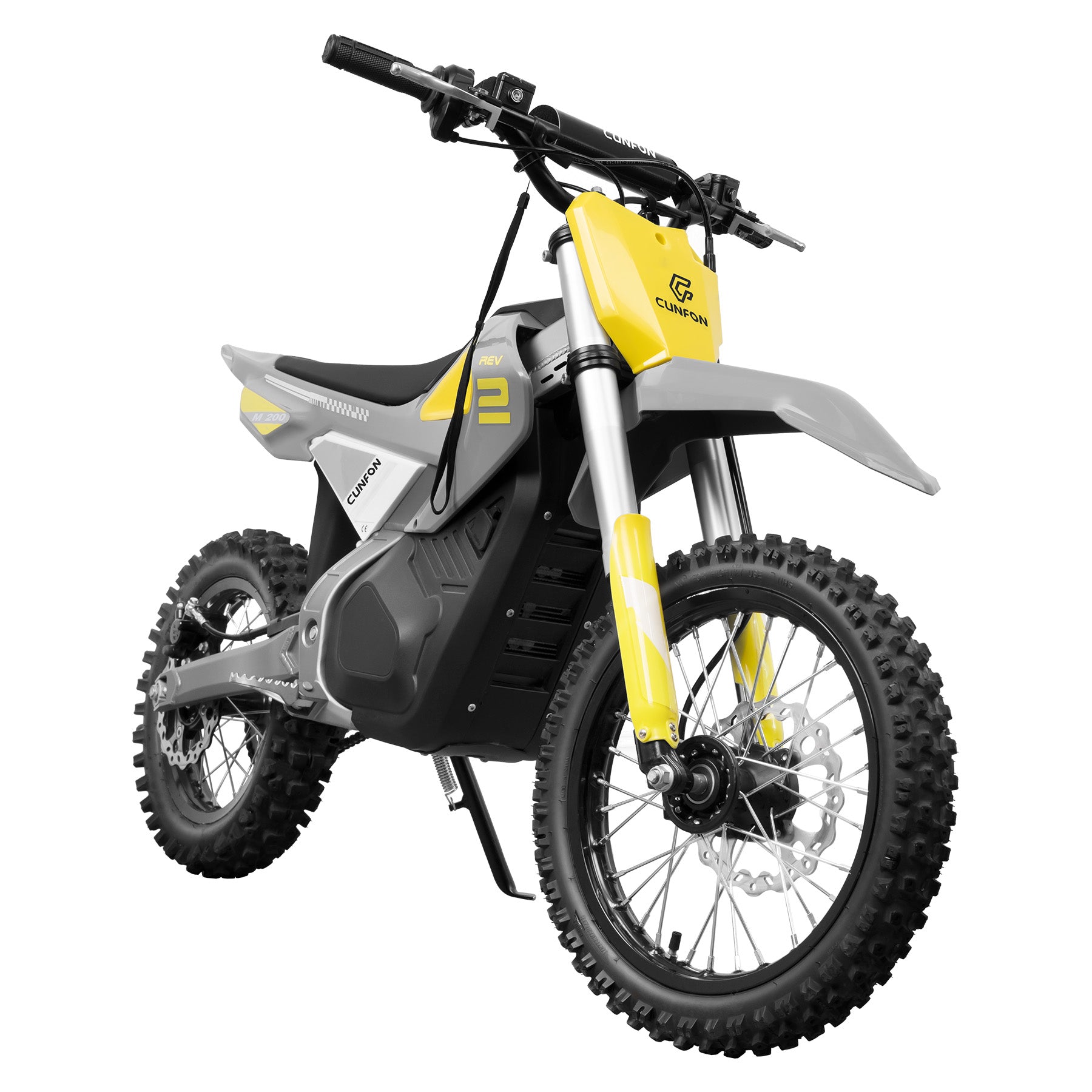 Front view of the Cunfon M200 electric dirt bike, showing yellow fender, black handlebars, and robust front tire.