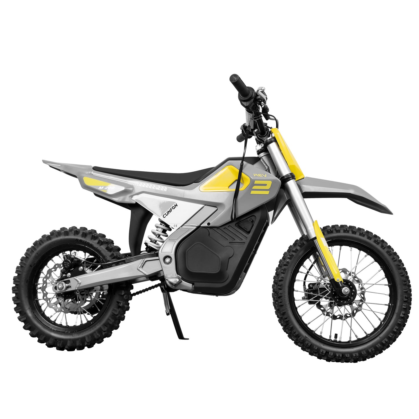 Cunfon M200 off-road e-bike in silver and yellow, showcasing its compact design and full suspension.
