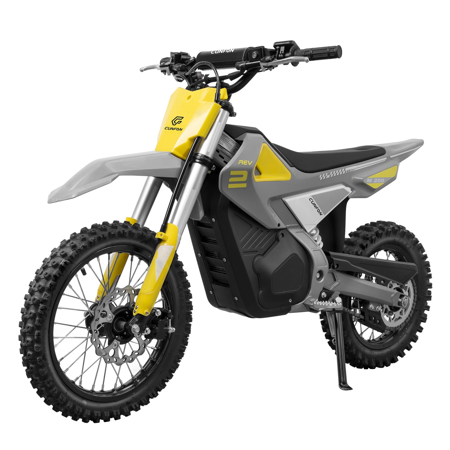 Side profile of the Cunfon M200 electric dirt bike for adults and teens, grey frame with yellow accents, knobby off-road tires on display.