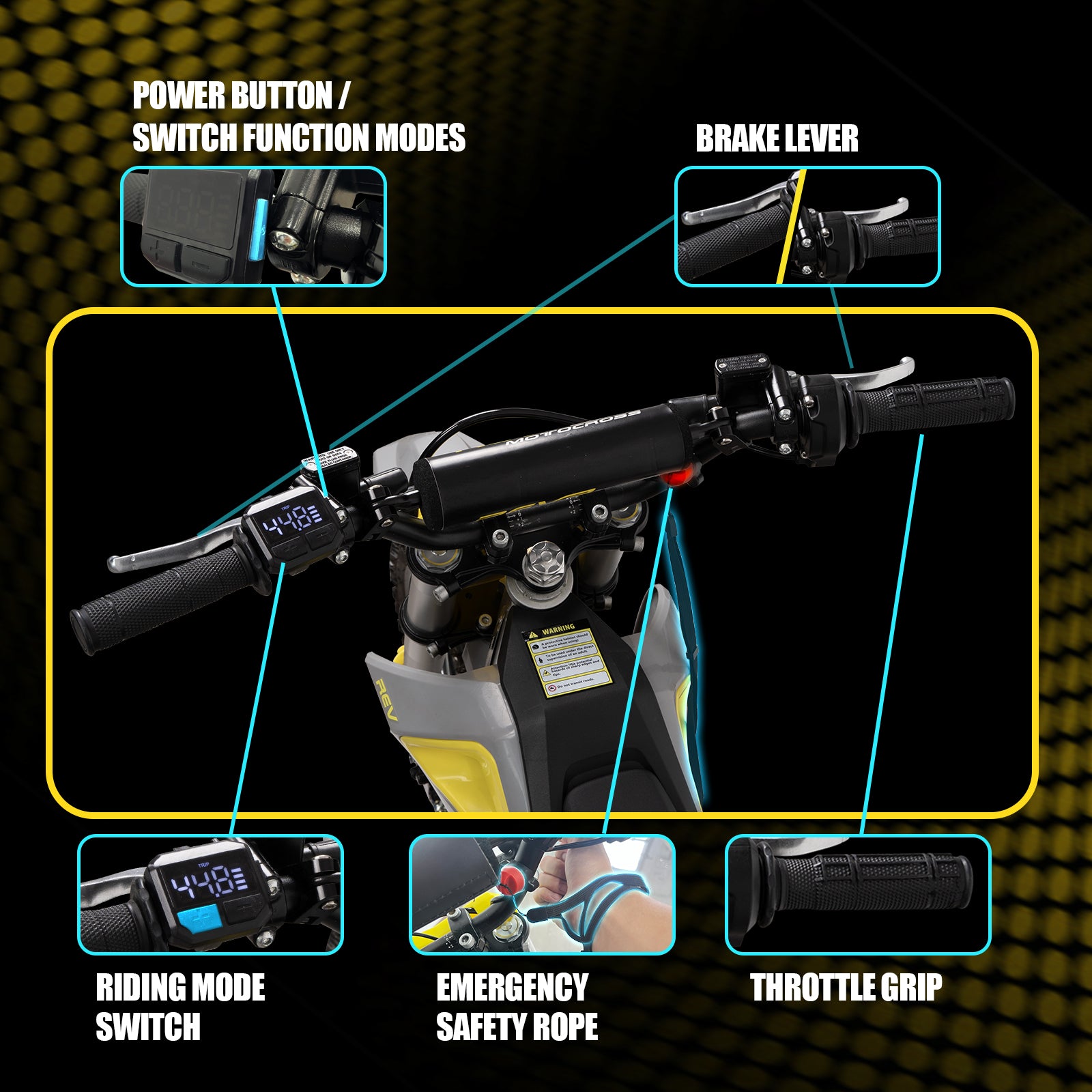 Close-up of the Cunfon M200 handlebar, showing the display, throttle grip, brake lever, riding mode switch, and emergency safety rope.