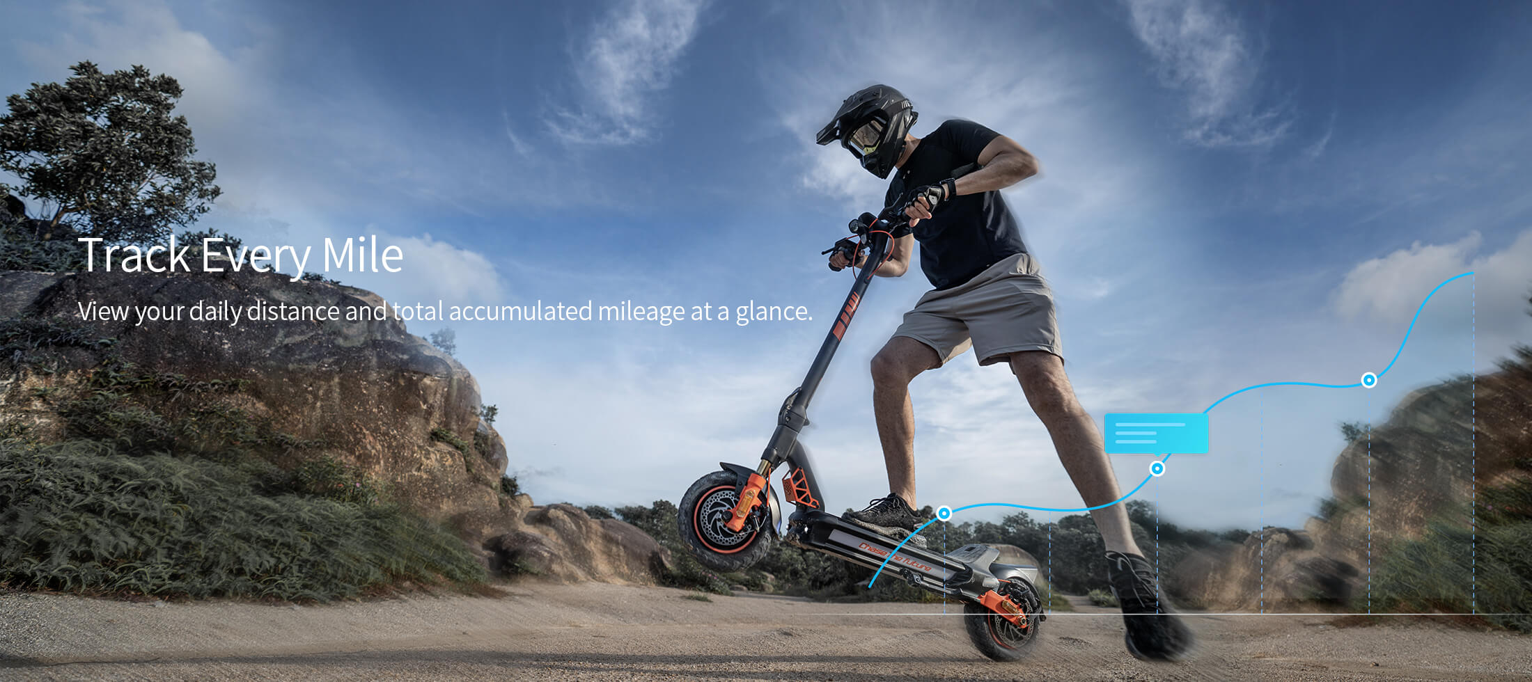 An electric scooter rider performing a front-wheel trick on an off-road trail, overlaid with an app mileage tracking graph for daily distance.