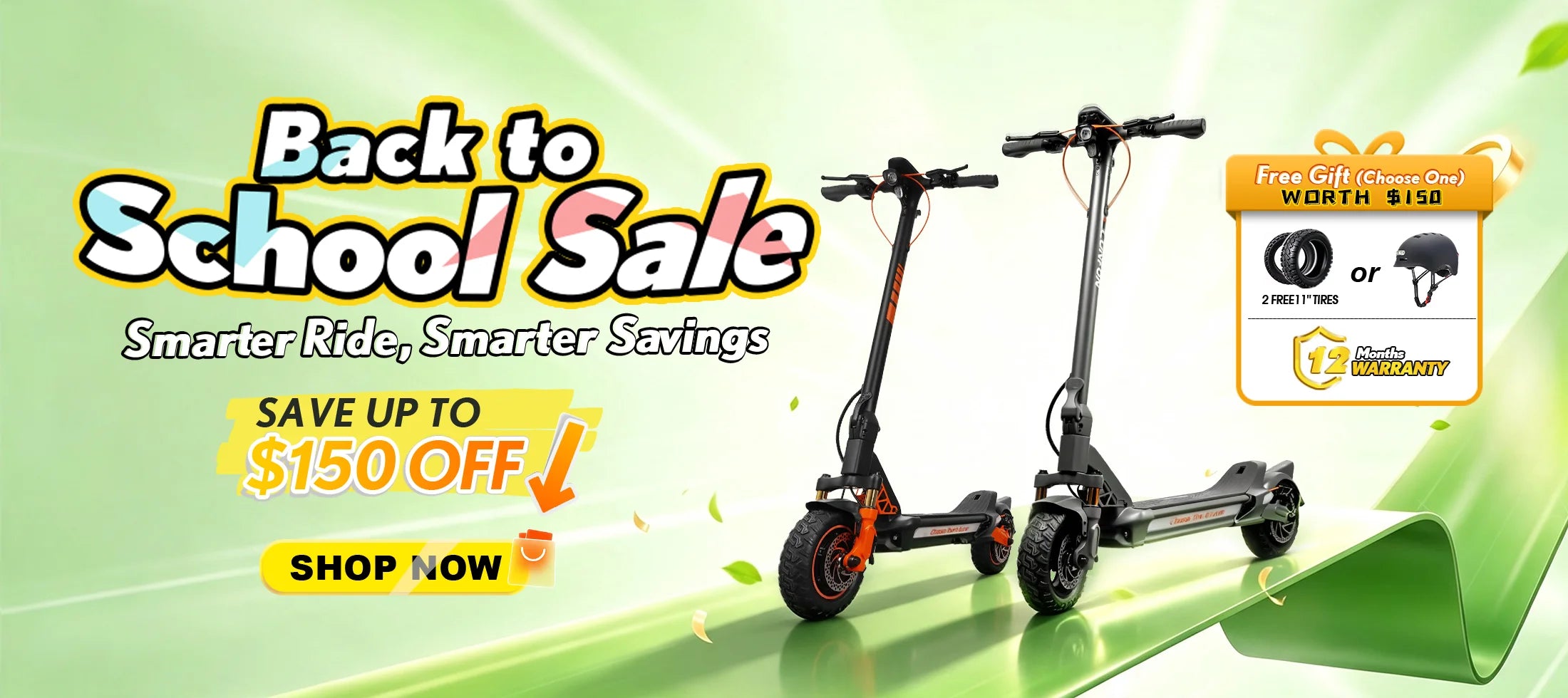CUNFON electric scooter back to school sale desktop banner offering up to 150 dollars off and free gifts with purchase.