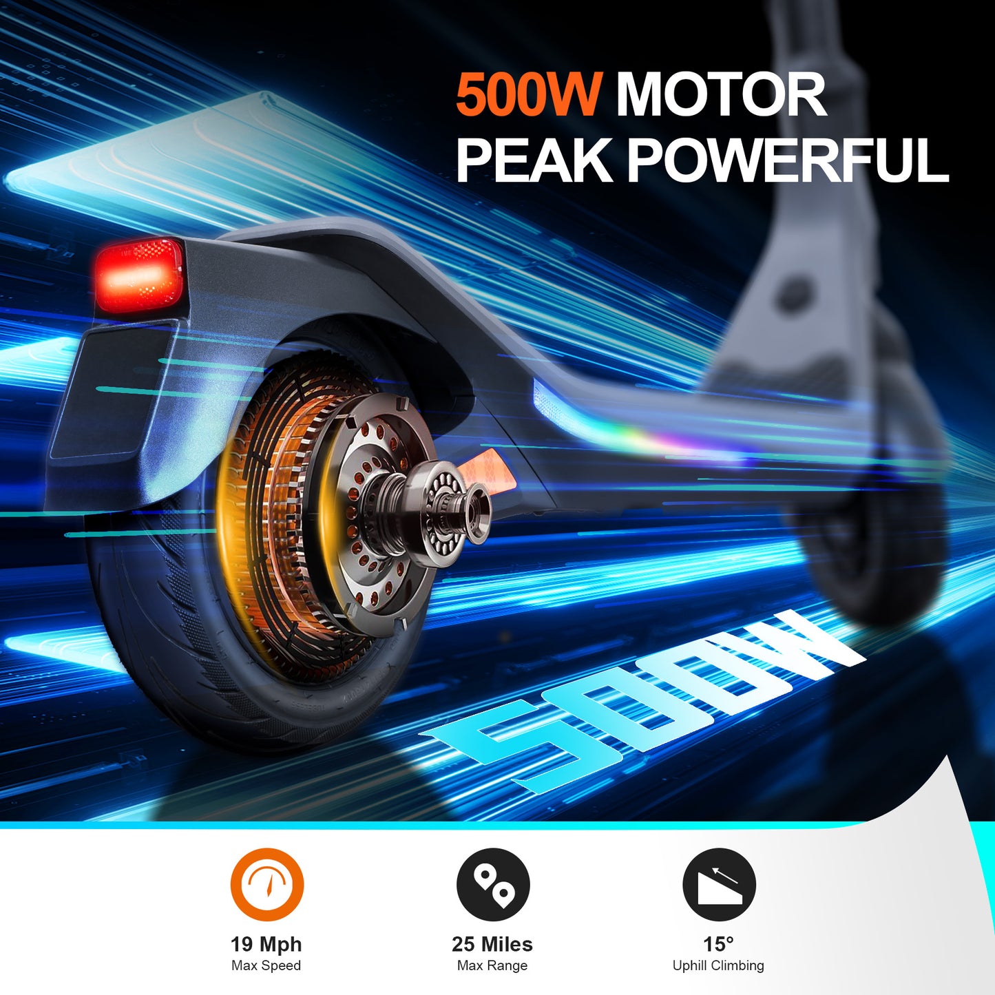 500W Powerful Motor on Cunfon RS300 Electric Scooter - 19 MPH Top Speed, 25-Mile Range, 15-Degree Hill Climb Ability