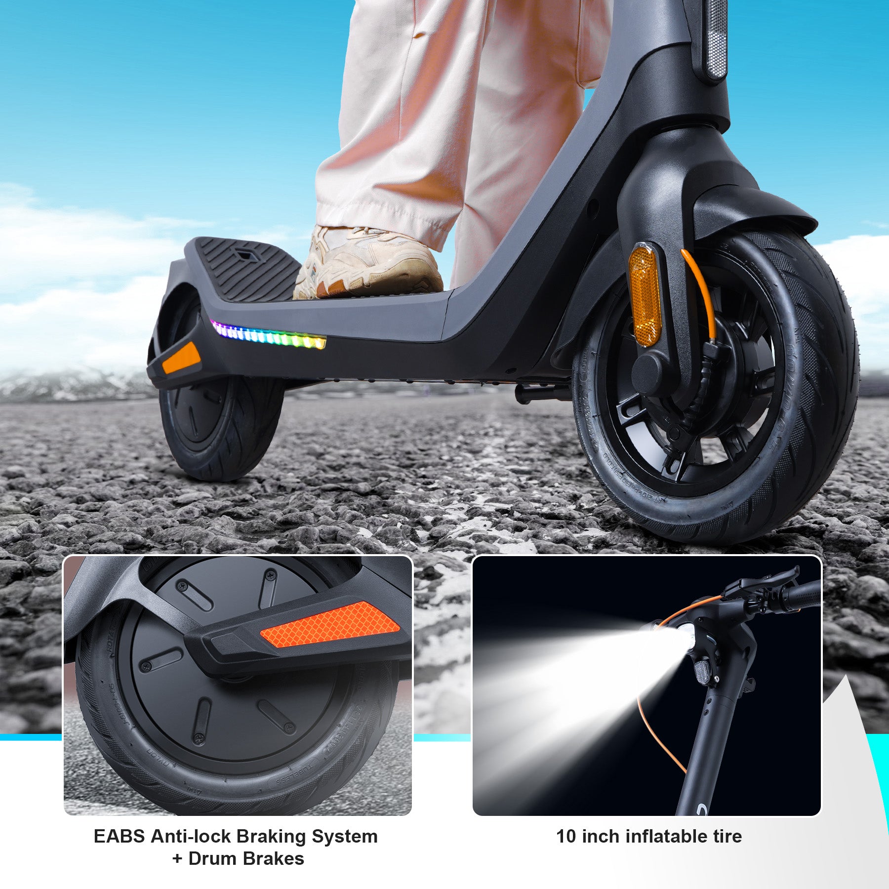 EABS Anti-Lock Braking System and Drum Brakes on Cunfon RS300 Scooter - 10-Inch Pneumatic Tire for Safety and Grip